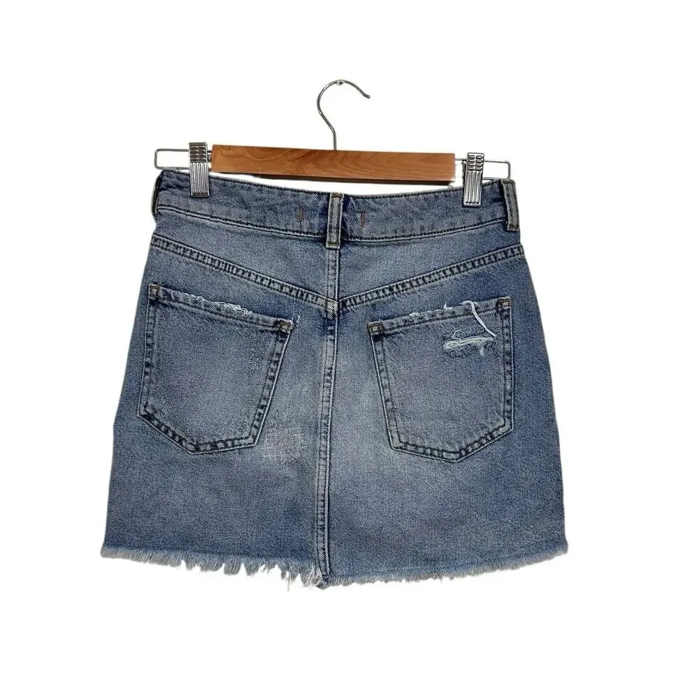 Free People Denim Mini Skirt Beaded Embellished Size 0 Raw Hem - Picture 2 of 9
